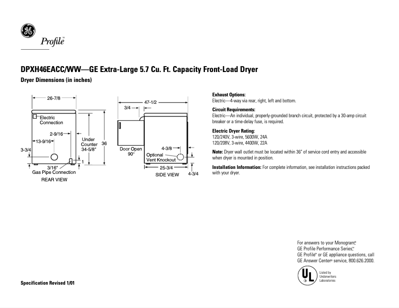 Page 1 de la notice Fiche technique GE Profile DPXH46EACC