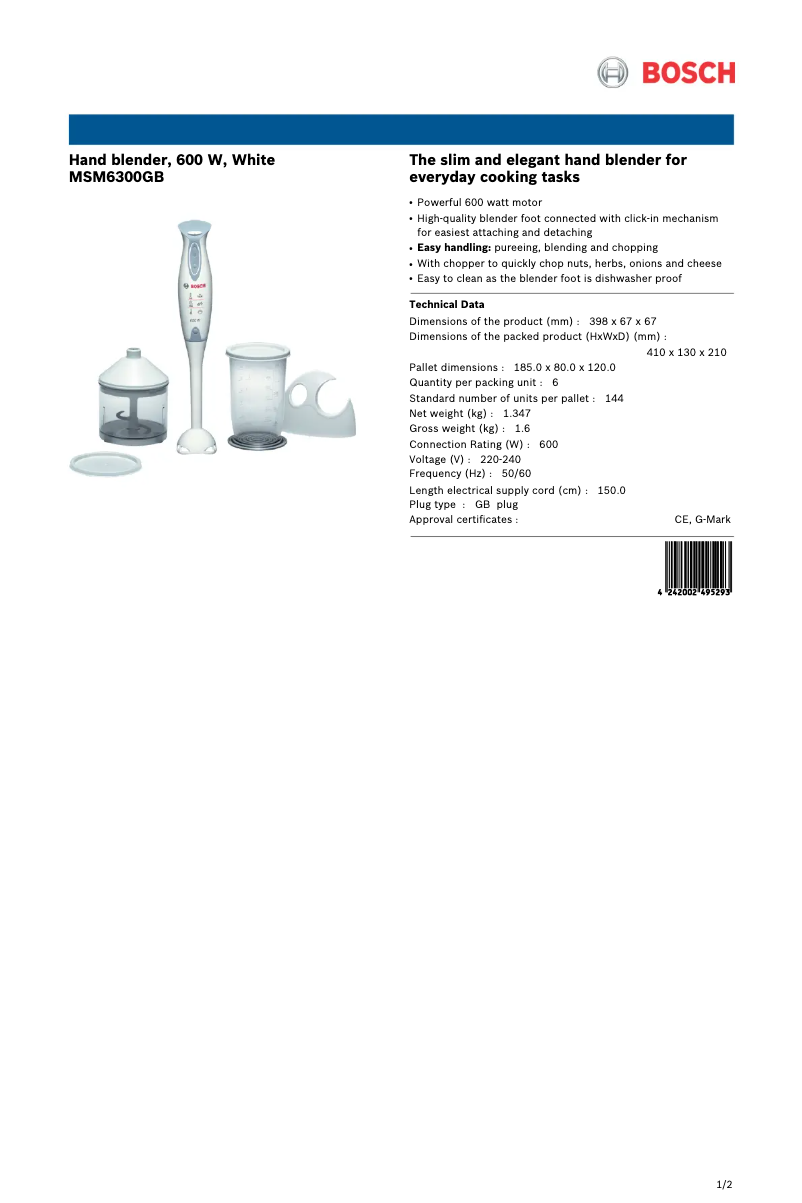 Page 1 de la notice Fiche technique Bosch MSM6300GB