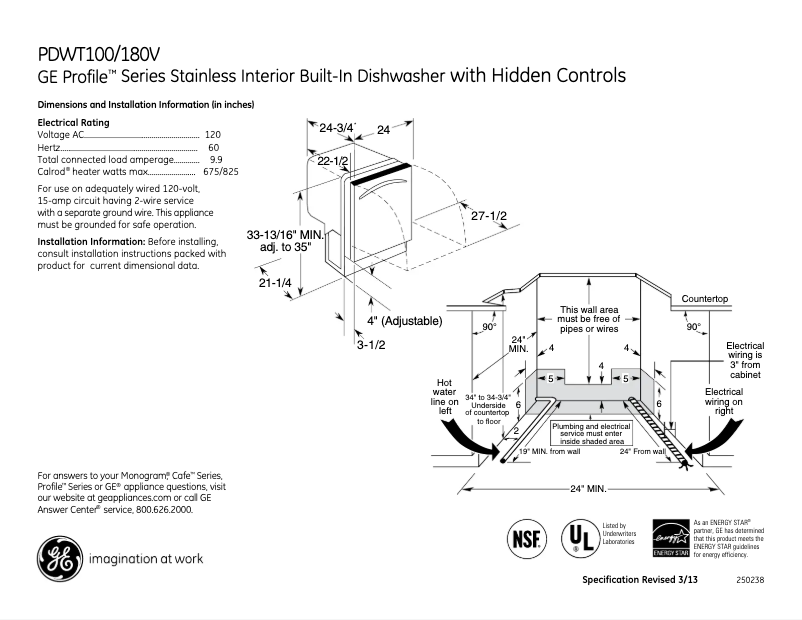 Page 1 de la notice Fiche technique GE Profile PDWT180VSS