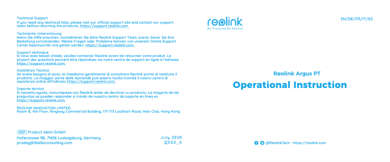 Page 1 de la notice Manuel utilisateur Reolink Argus PT