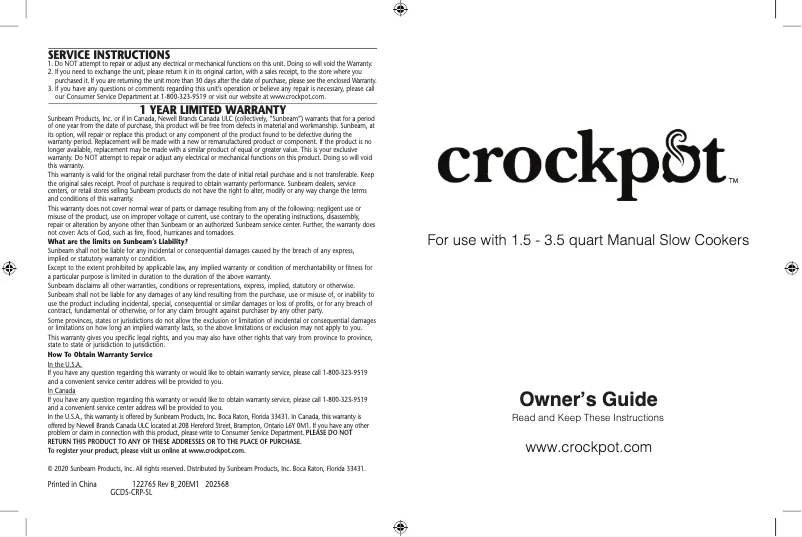 Page 1 de la notice Manuel utilisateur Crock-Pot CPSCRM30-WG