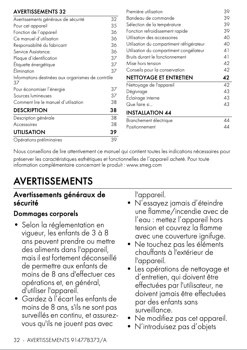 Page 1 de la notice Fiche technique Smeg FAB10RCR6