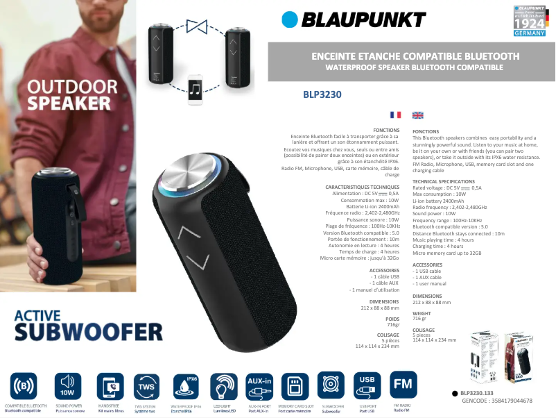 Page 1 de la notice Fiche technique Blaupunkt BLP3230