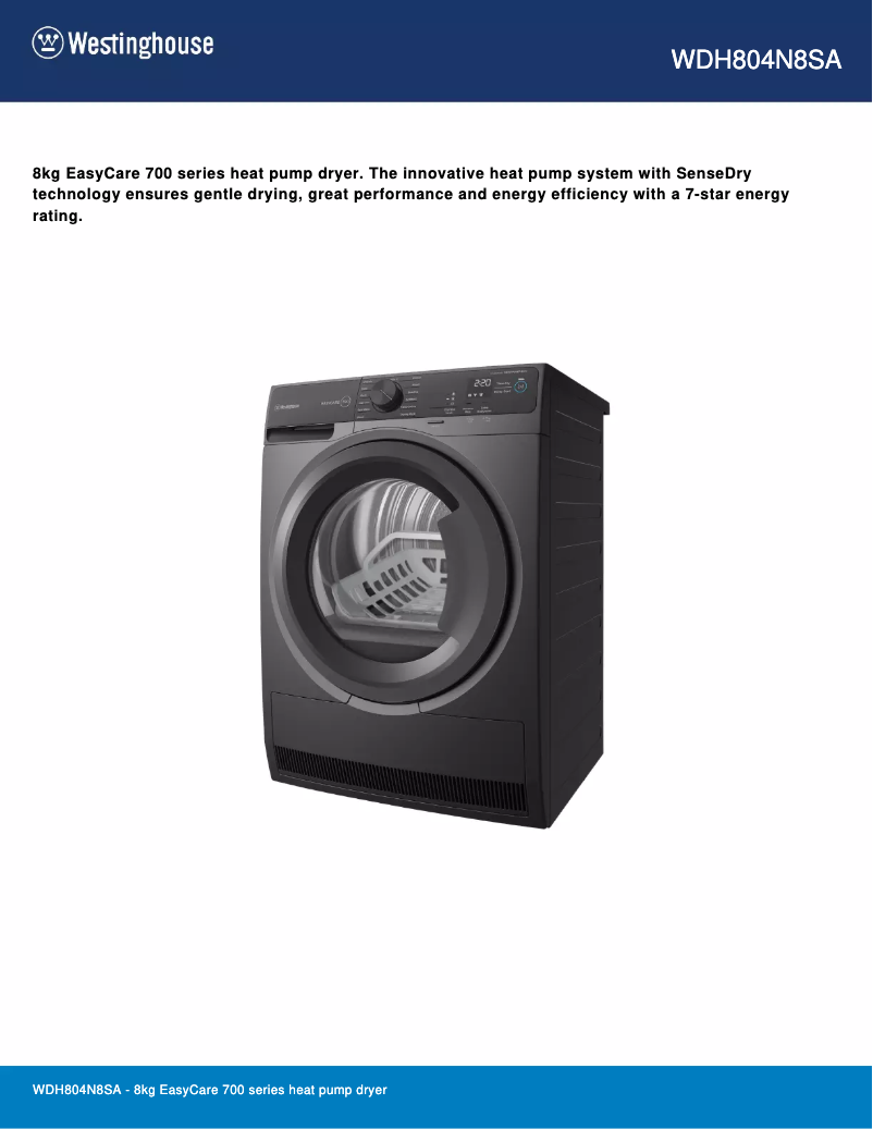 Page 1 de la notice Fiche technique Westinghouse WDH804N8SA