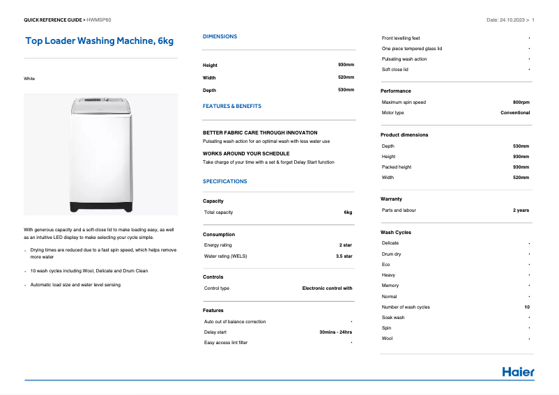 Image de la première page du manuel de l'appareil HWMSP60