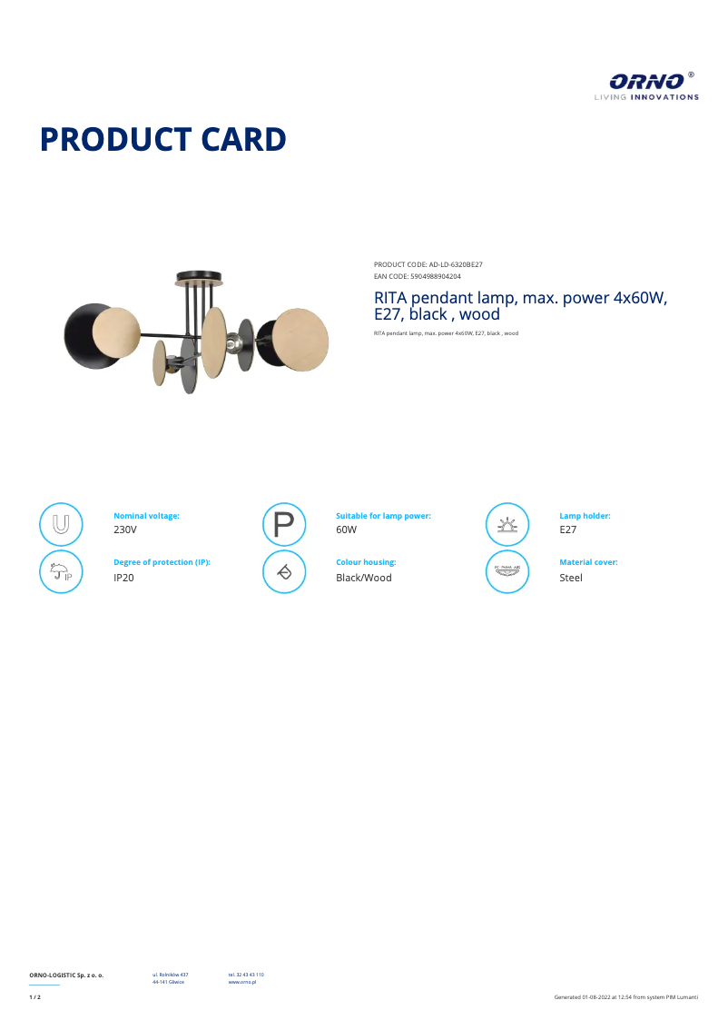 Page 1 de la notice Fiche technique Adviti AD-LD-6320BE27