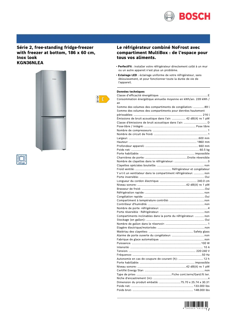 Page 1 de la notice Fiche technique Bosch KGN36NLEA