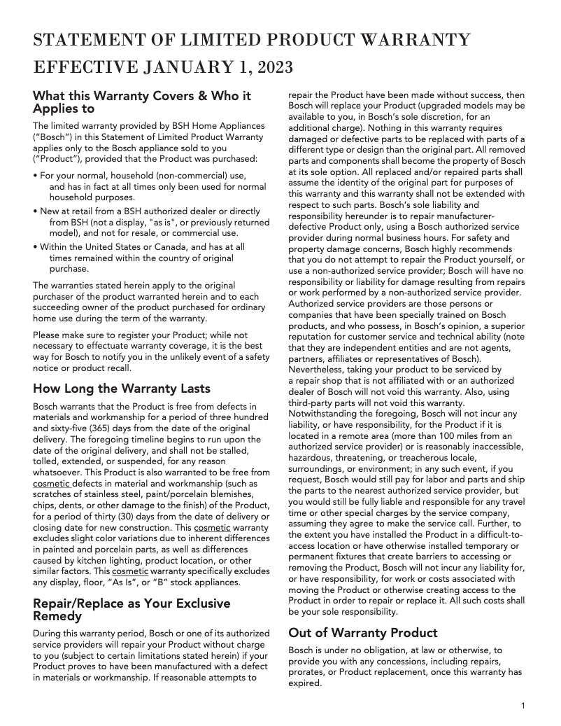 Page 1 of the manual Warranty Information Bosch SHP78CM4N
