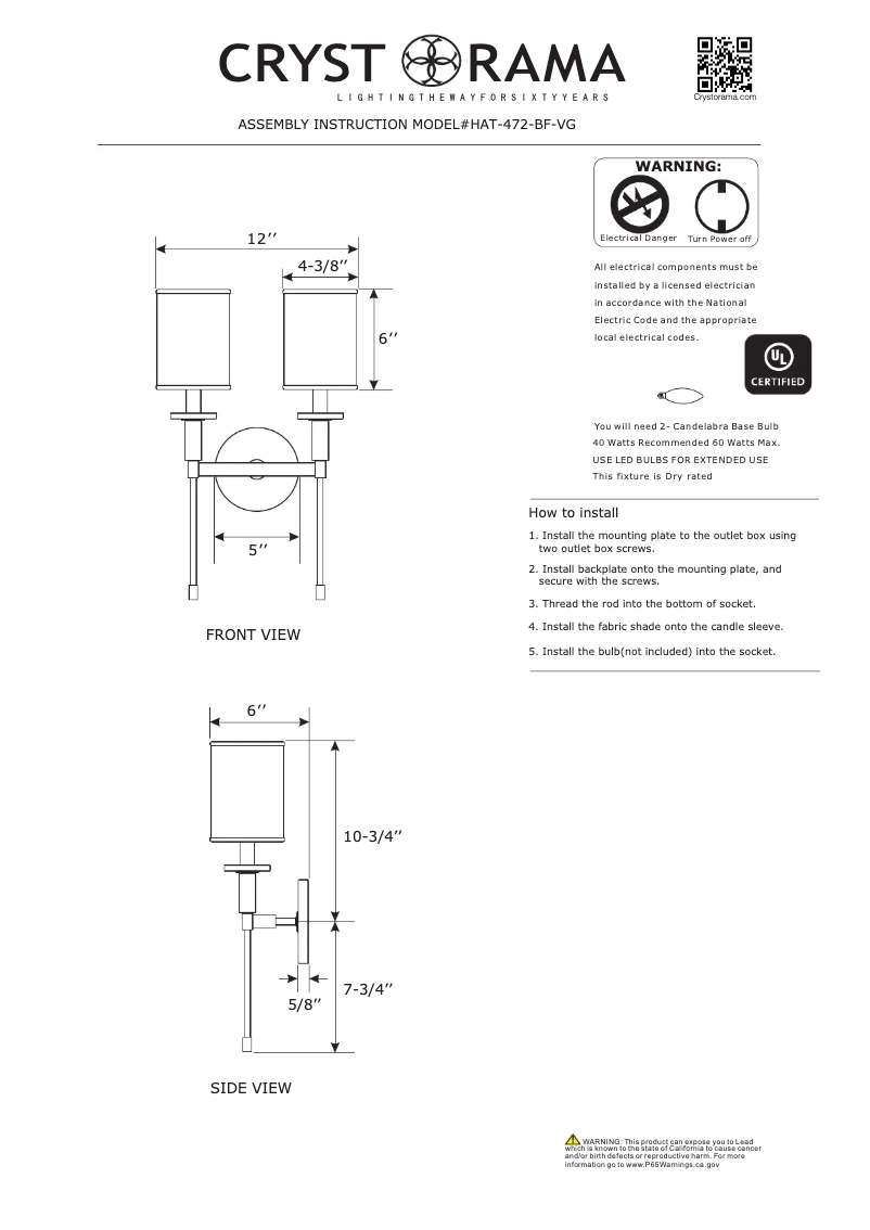 Page n°1 - Manuel utilisateur Crystorama Hatfield HAT-472-BF-VG