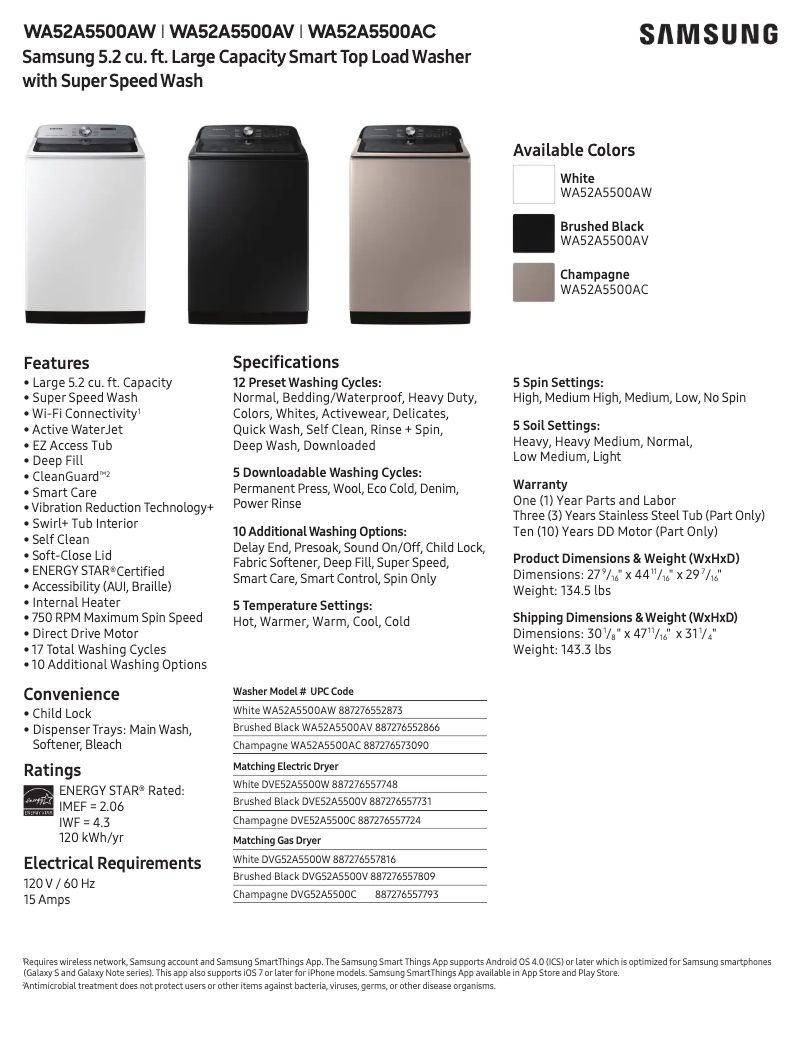 Page n°1 - Fiche technique Samsung WA52A5500AC