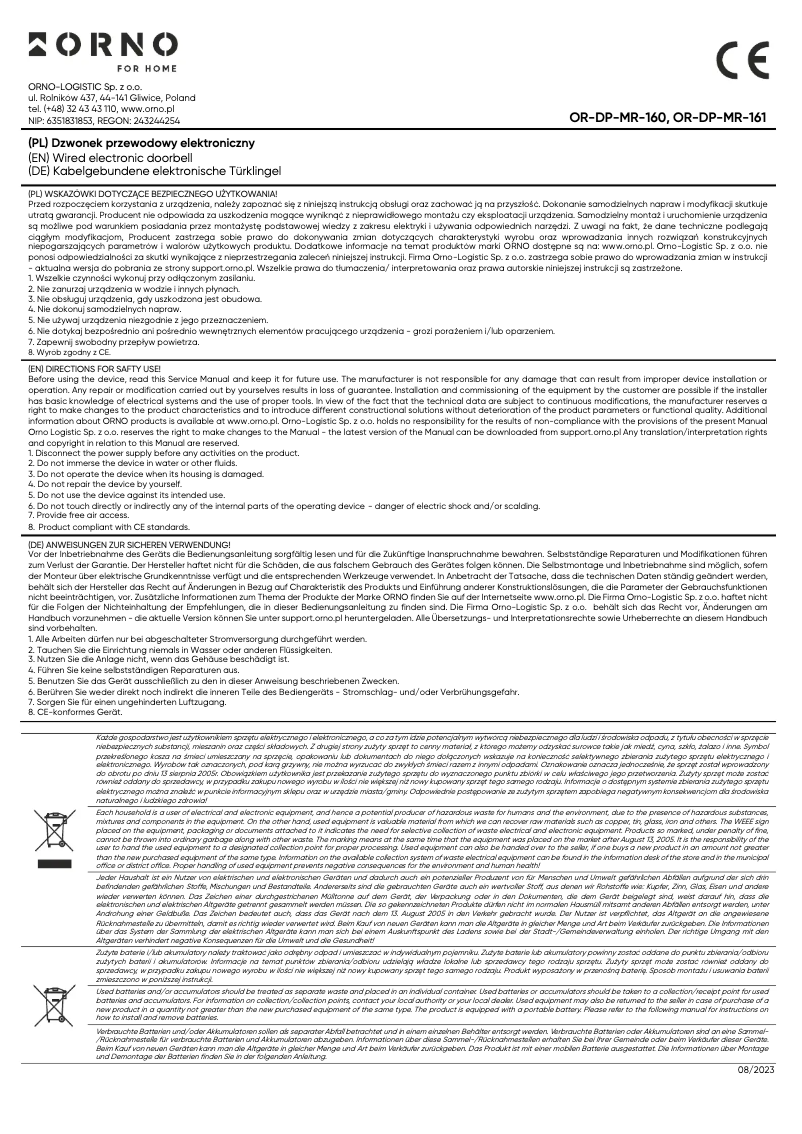 Image de la première page du manuel de l'appareil OR-DP-MR-160