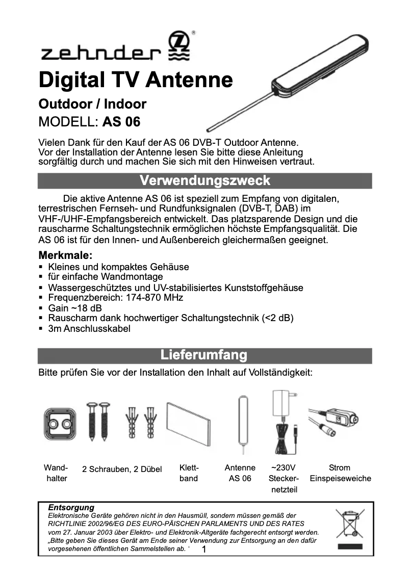 Page n°1 - Manuel utilisateur Zehnder AS 06