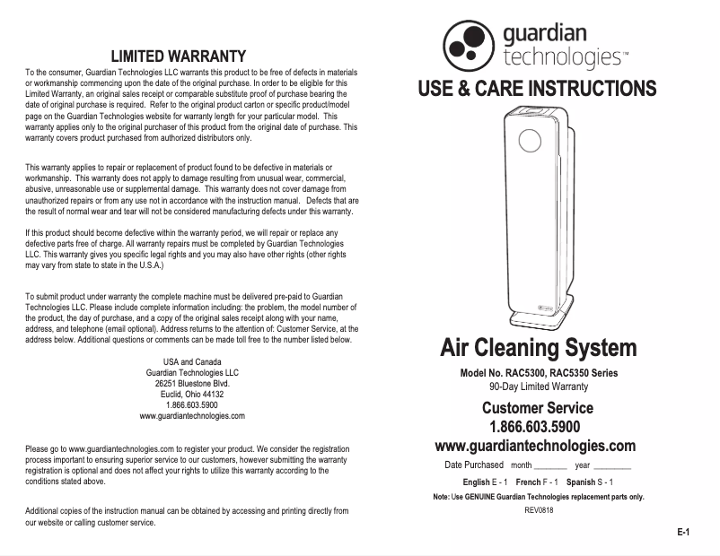 Page n°1 - Manuel utilisateur GermGuardian AC5350