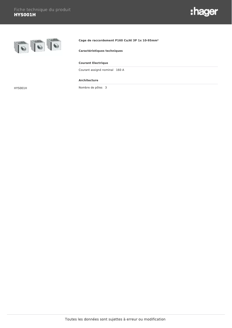 Page 1 de la notice Fiche technique Hager HYS001H