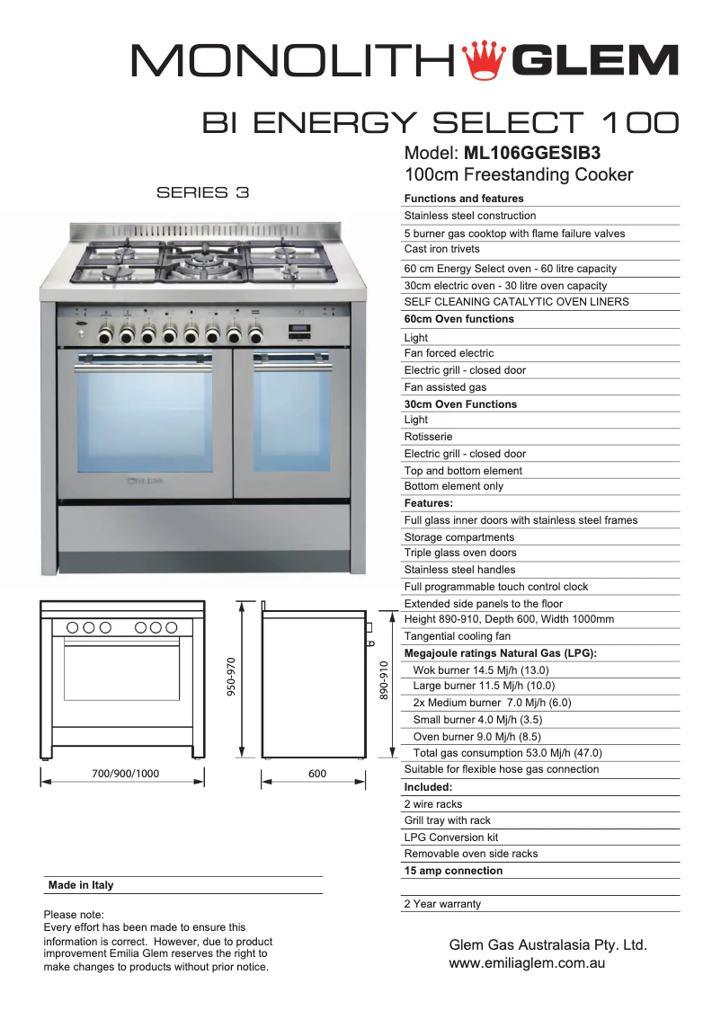 Page 1 de la notice Fiche technique Glem Gas ML106GGESIB3
