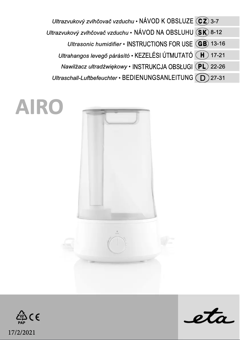 Page 1 de la notice Manuel utilisateur Eta Airo 628 90000