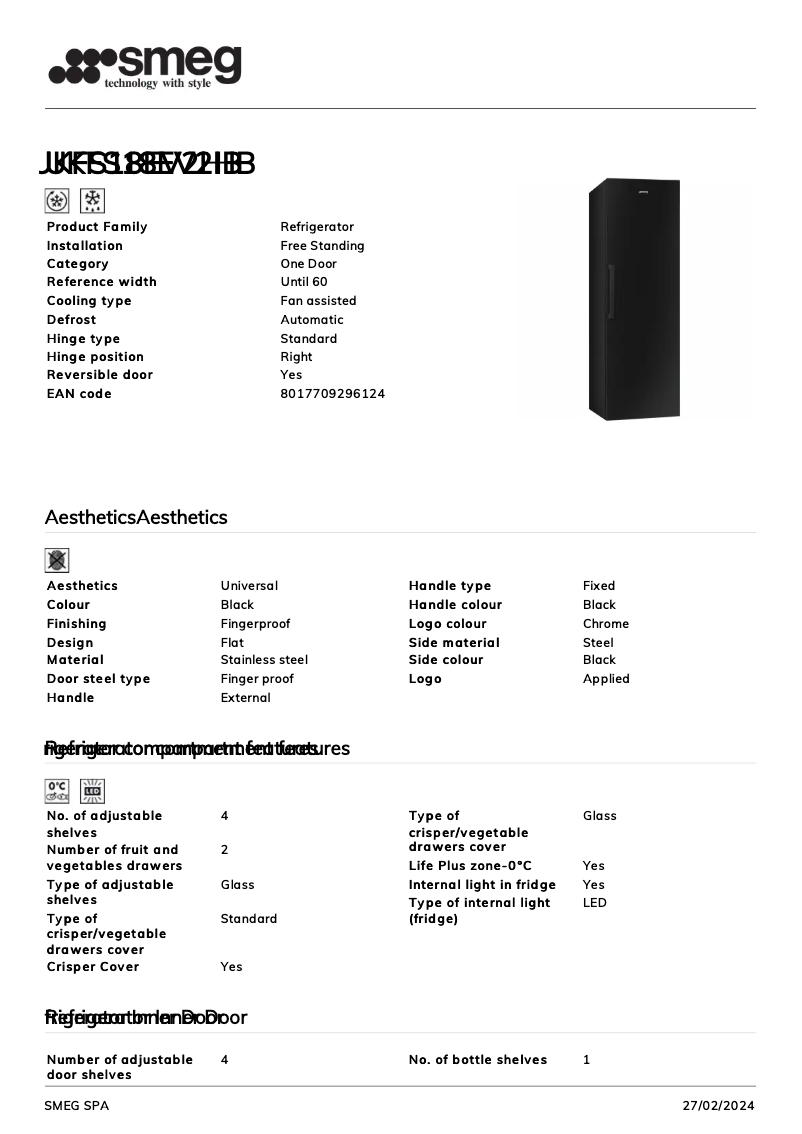 Page 1 de la notice Fiche technique Smeg UKFS18EV2HB