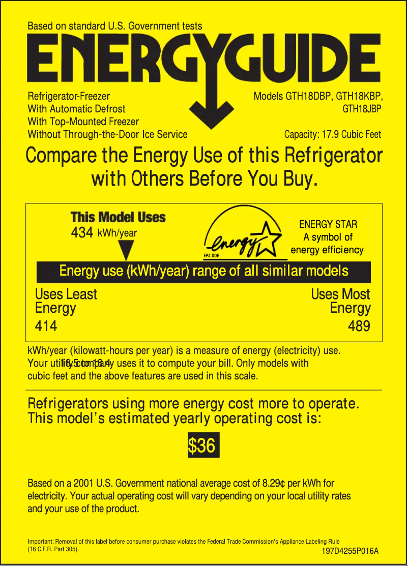 Page 1 de la notice Label énergétique GE GTH18DBPRWW