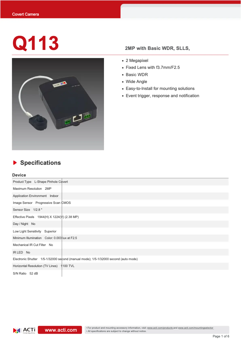 Page n°1 - Fiche technique ACTi Q113