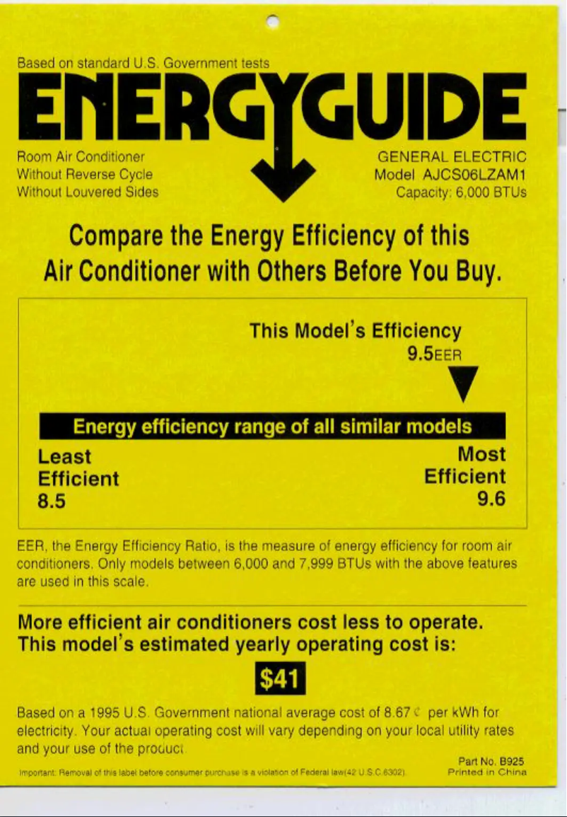 Page 1 de la notice Label énergétique GE AJCS06LZ
