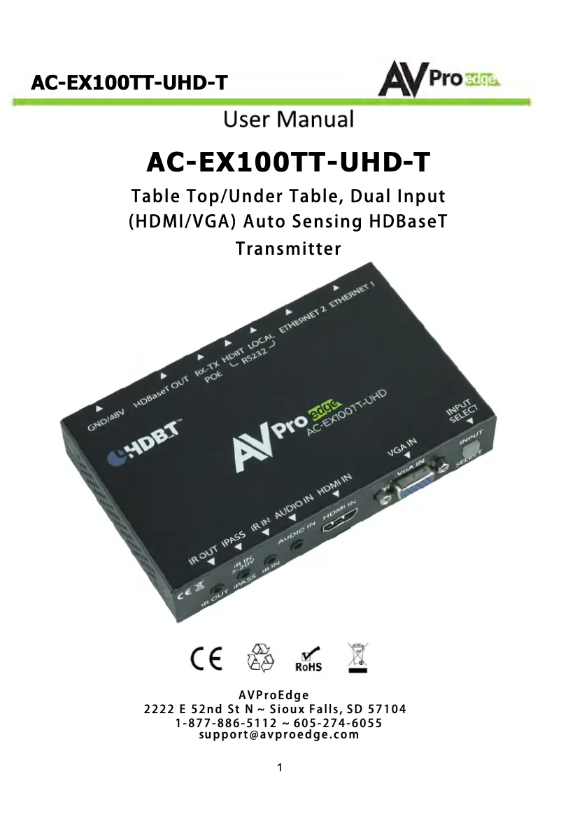 Page 1 de la notice Manuel utilisateur AVPro Edge AC-EX100TT