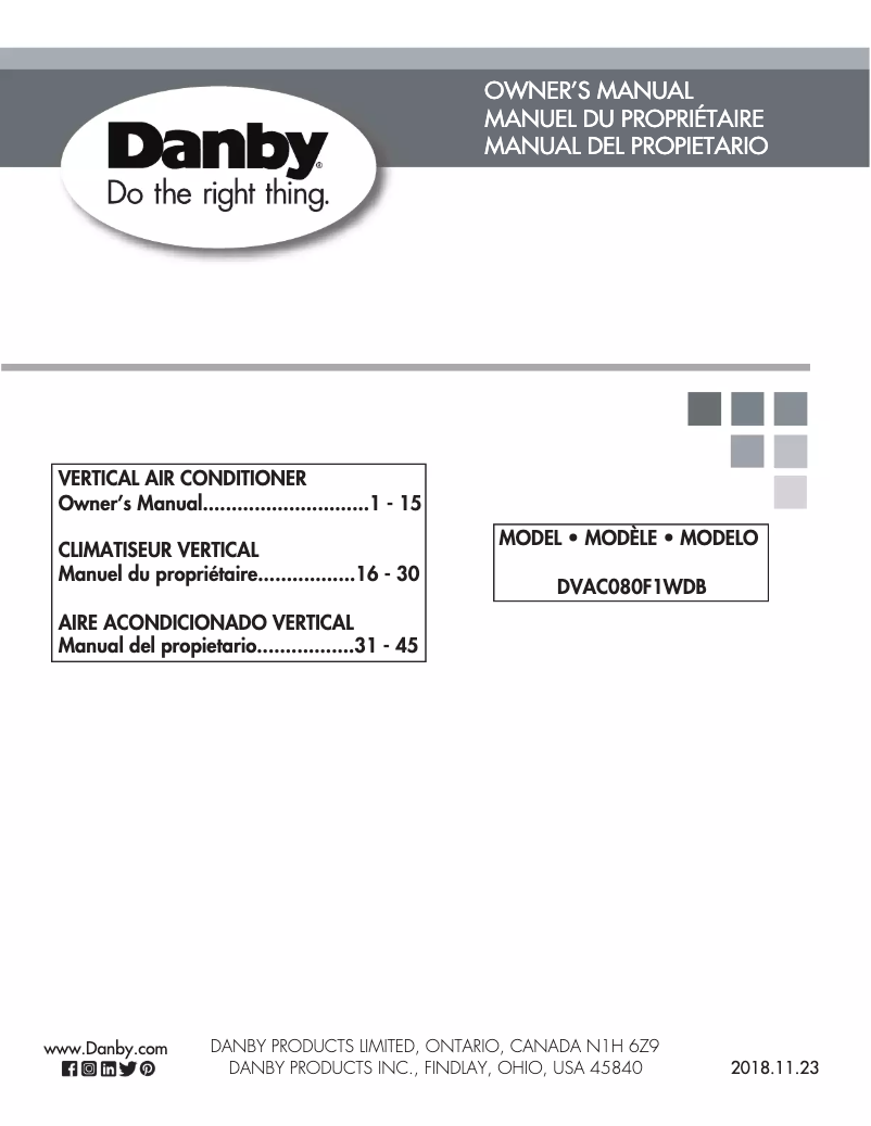 Page 1 de la notice Manuel utilisateur Danby DVAC080F1WDB