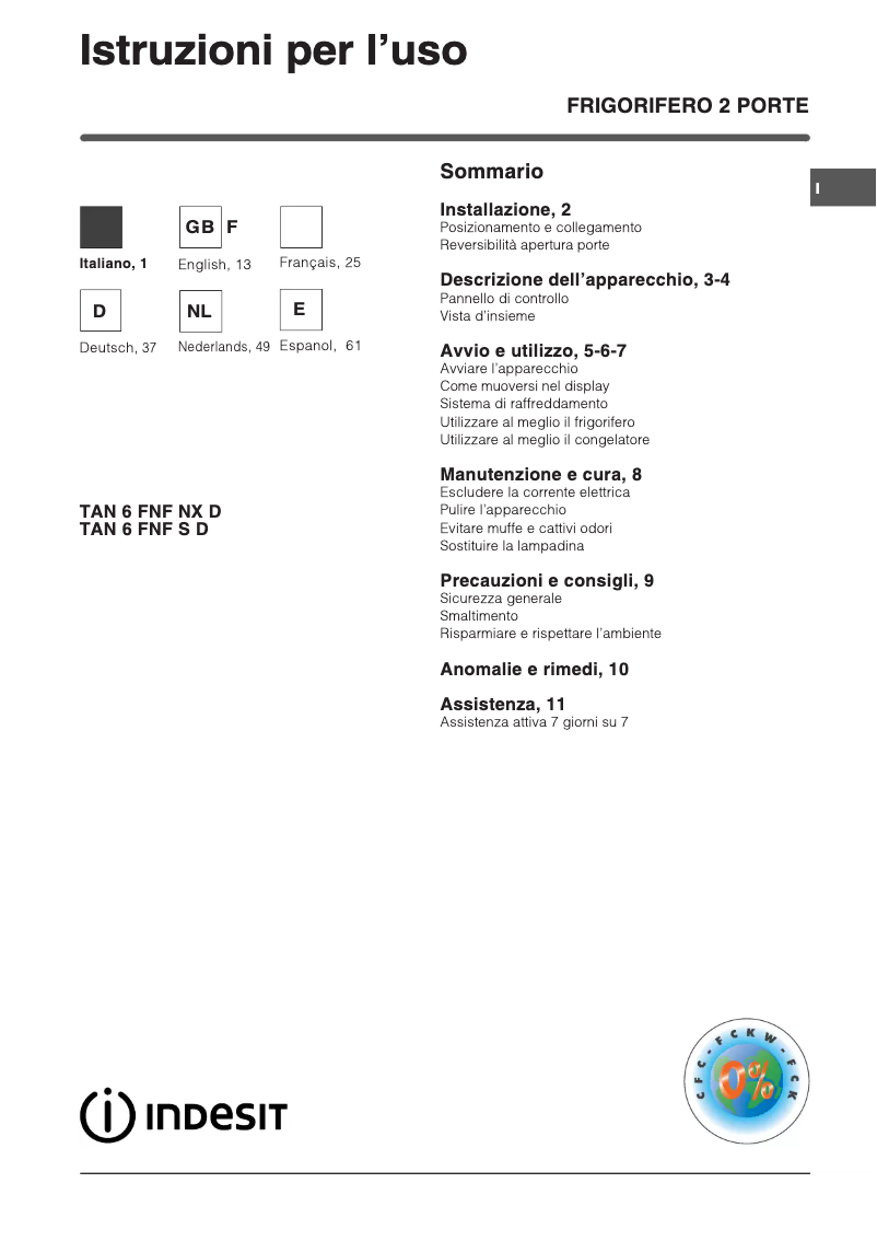 Page n°1 - Manuel utilisateur Indesit TAN 6 FNF DNX