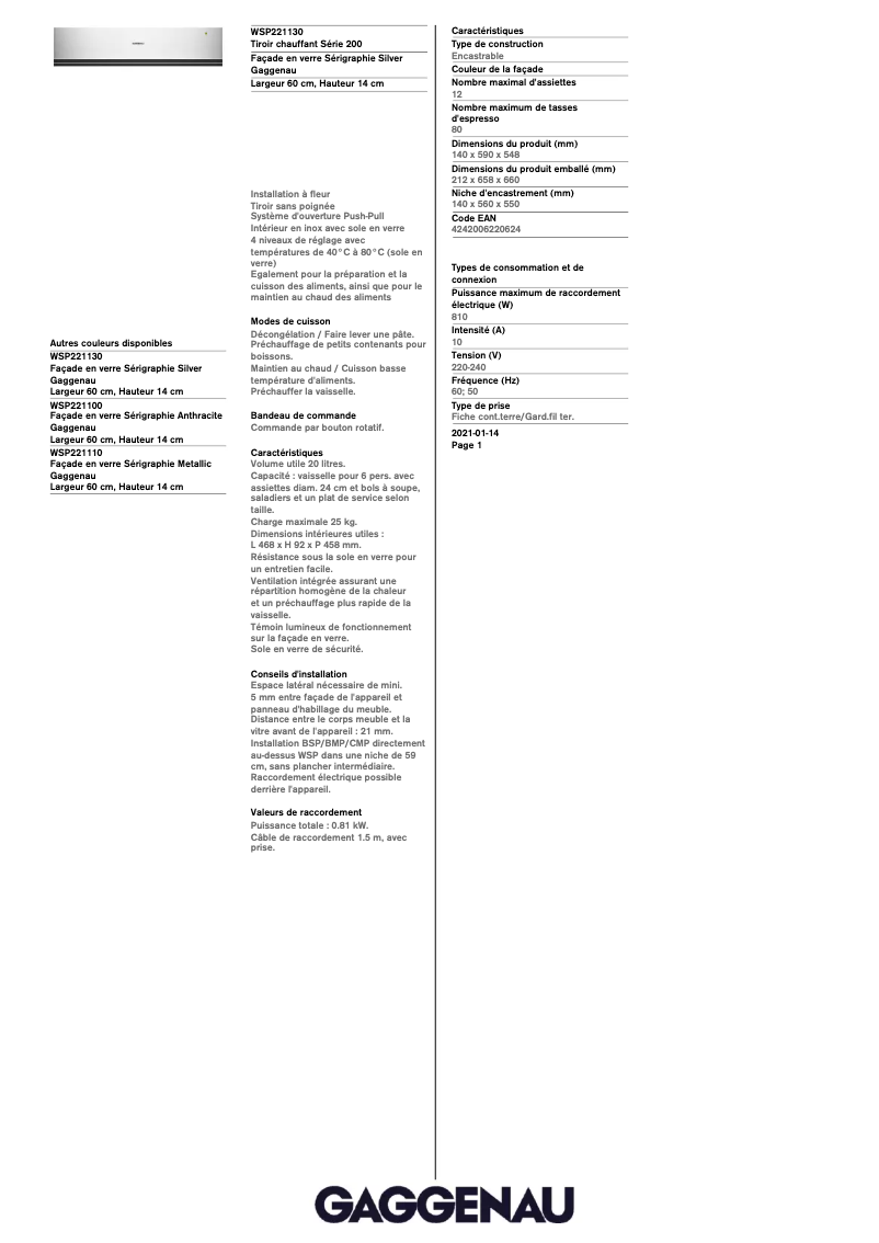 Página 1 del manual Ficha técnica Gaggenau WSP221130