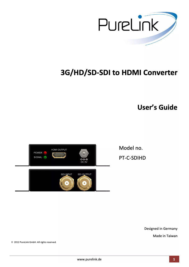 Page 1 de la notice Manuel utilisateur PureLink PT-C-SDIHD