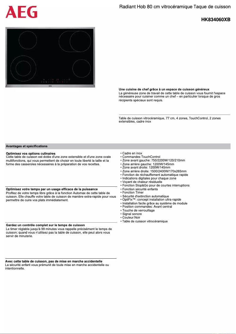 Page 1 de la notice Fiche technique AEG HK834060XB