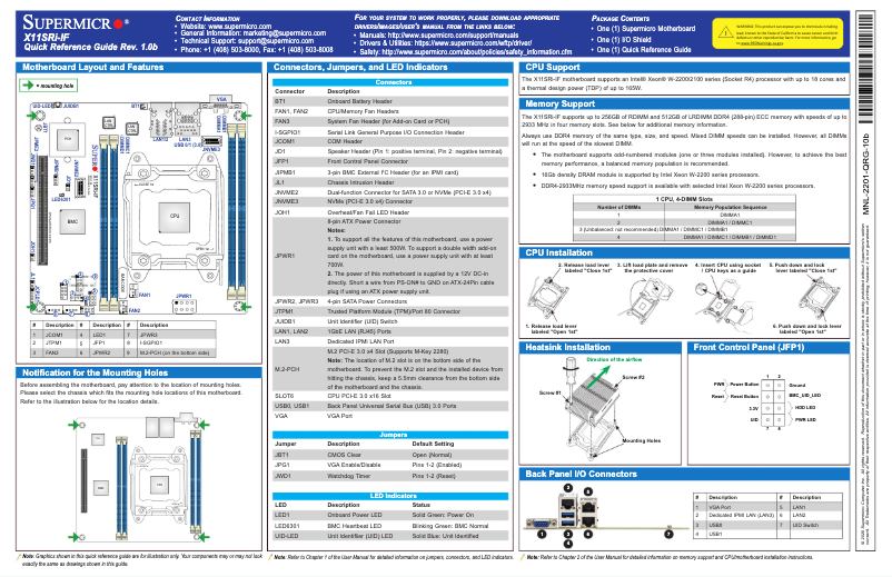 Page n°1 - Guide de démarrage rapide Supermicro X11SRi-IF