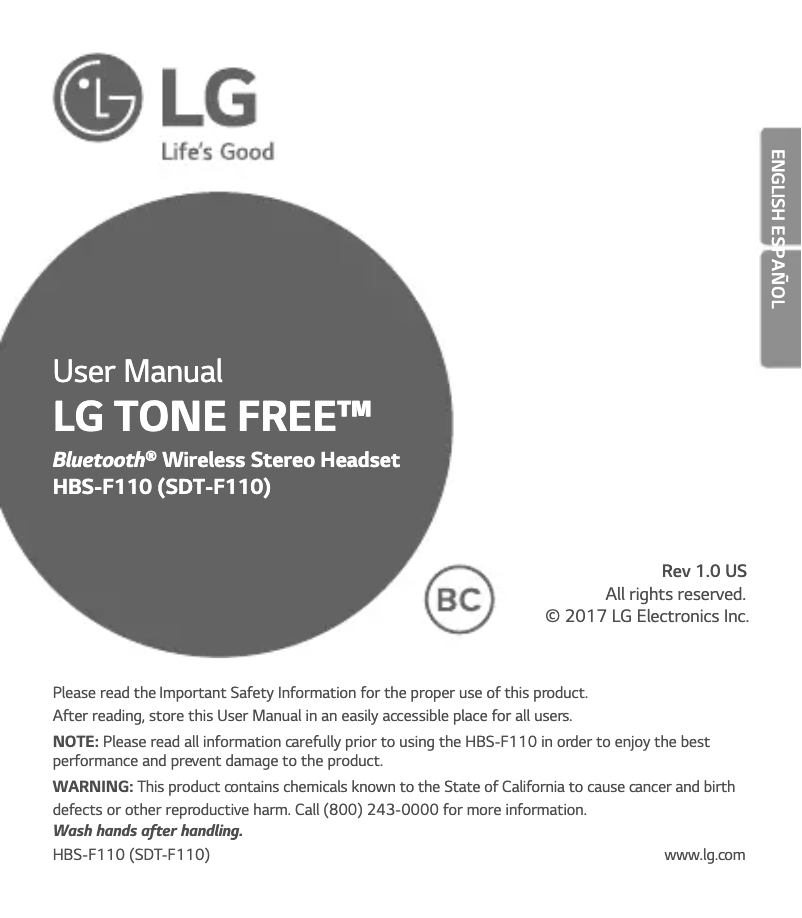 Page 1 de la notice Manuel utilisateur LG Tone Free HBS-F110