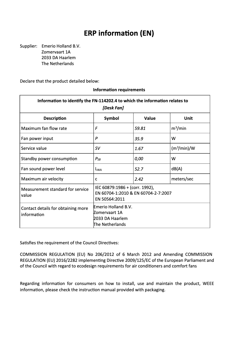 Page 1 de la notice Fiche technique Emerio FN-114202.4