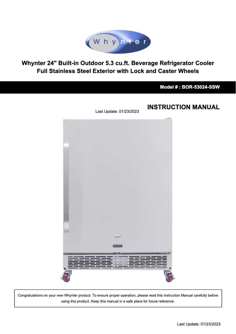 Page 1 de la notice Manuel utilisateur Whynter BOR-53024-SSW