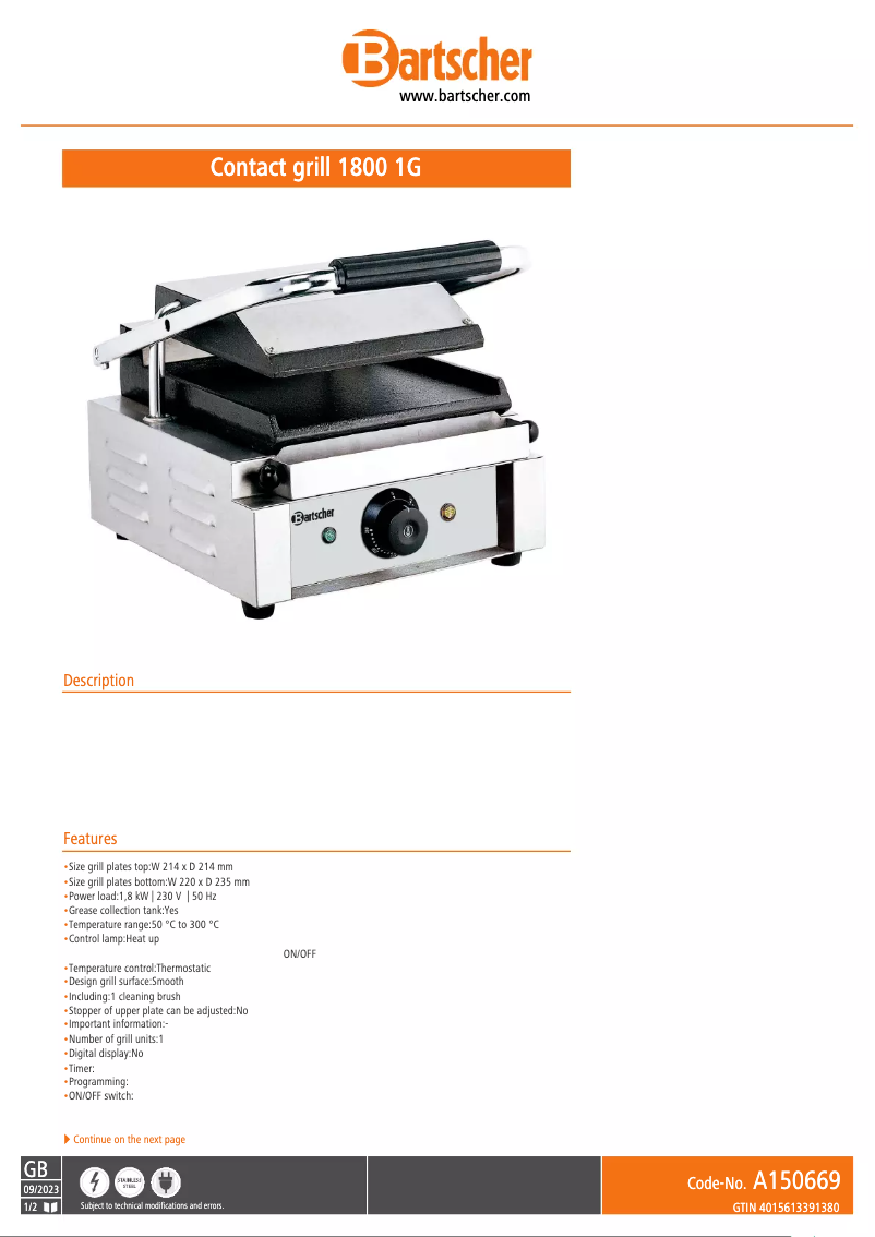 Page 1 de la notice Fiche technique Bartscher A150669