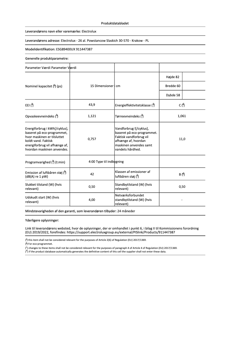 Page 1 de la notice Fiche technique Electrolux ESG89400UX