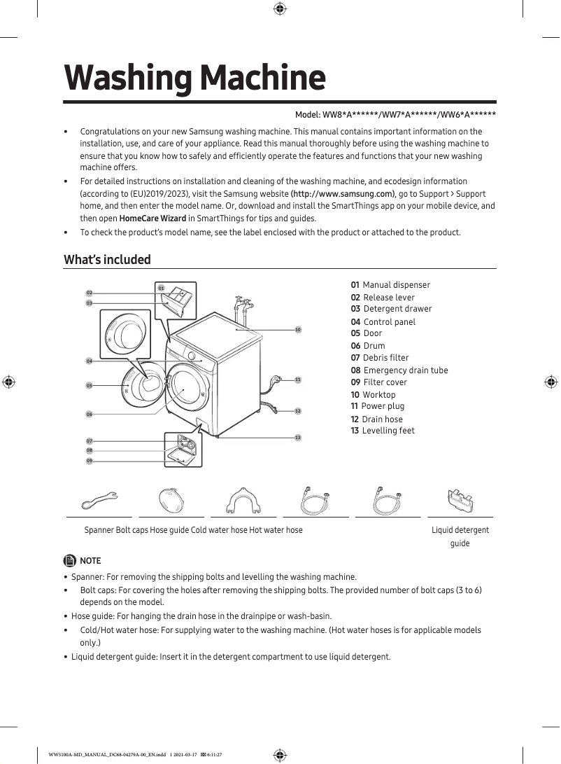 Page n°1 - Guide de démarrage rapide Samsung WW80AA126AE