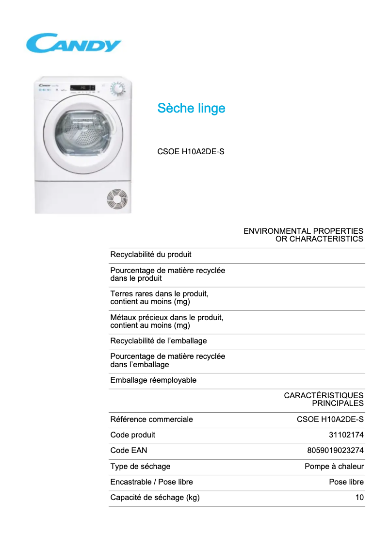 Page 1 de la notice Fiche technique Candy CSOE H10A2DE-S