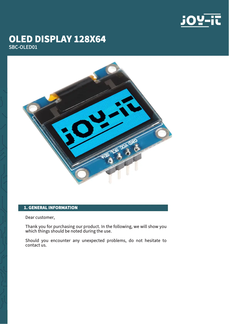 Page 1 of the manual User Manual Joy-It SBC-OLED01