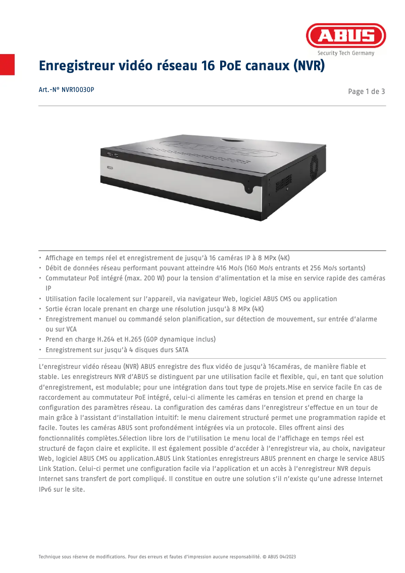 Page 1 de la notice Fiche technique Abus NVR10030P