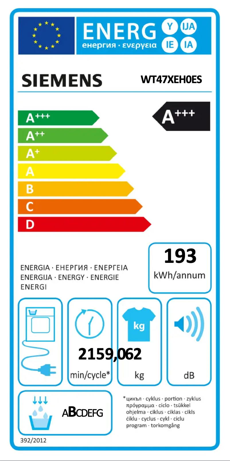 Page n°1 - Label énergétique Siemens iQ800 WT47XEH0ES