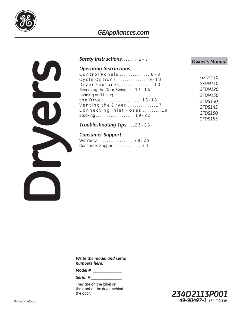 Page 1 de la notice Mode d'emploi GE GFDN110EDWW