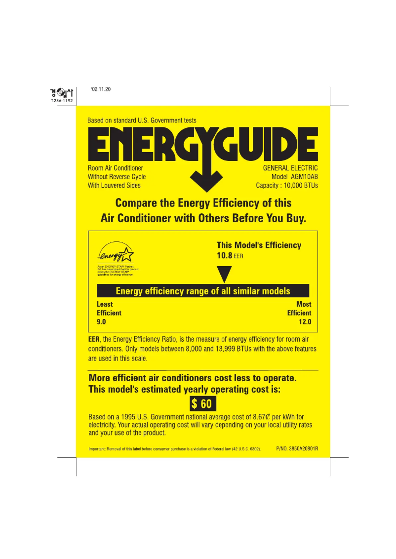 Page 1 de la notice Label énergétique GE AGM10AB