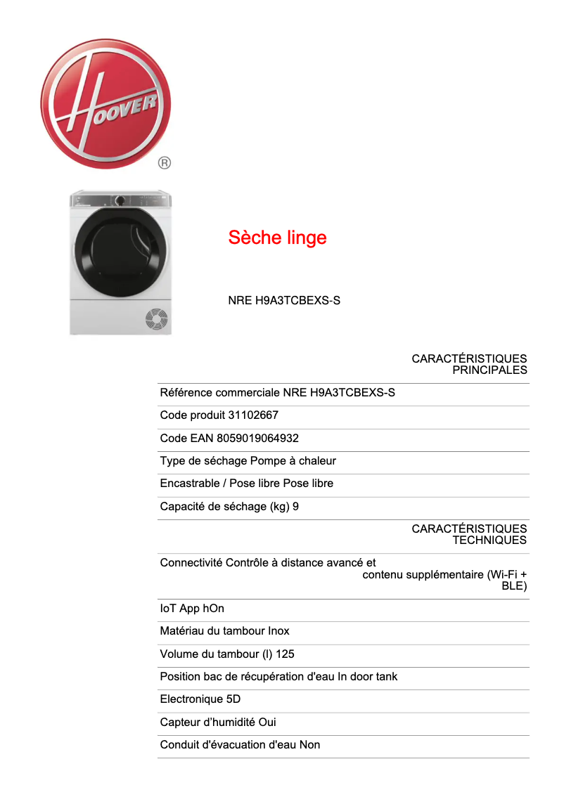 Page n°1 - Fiche technique Hoover NRE H9A3TCBEXS-S