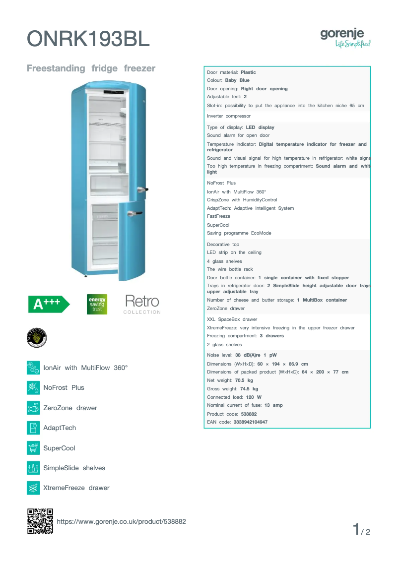 Page n°1 - Fiche technique Gorenje ONRK193BL