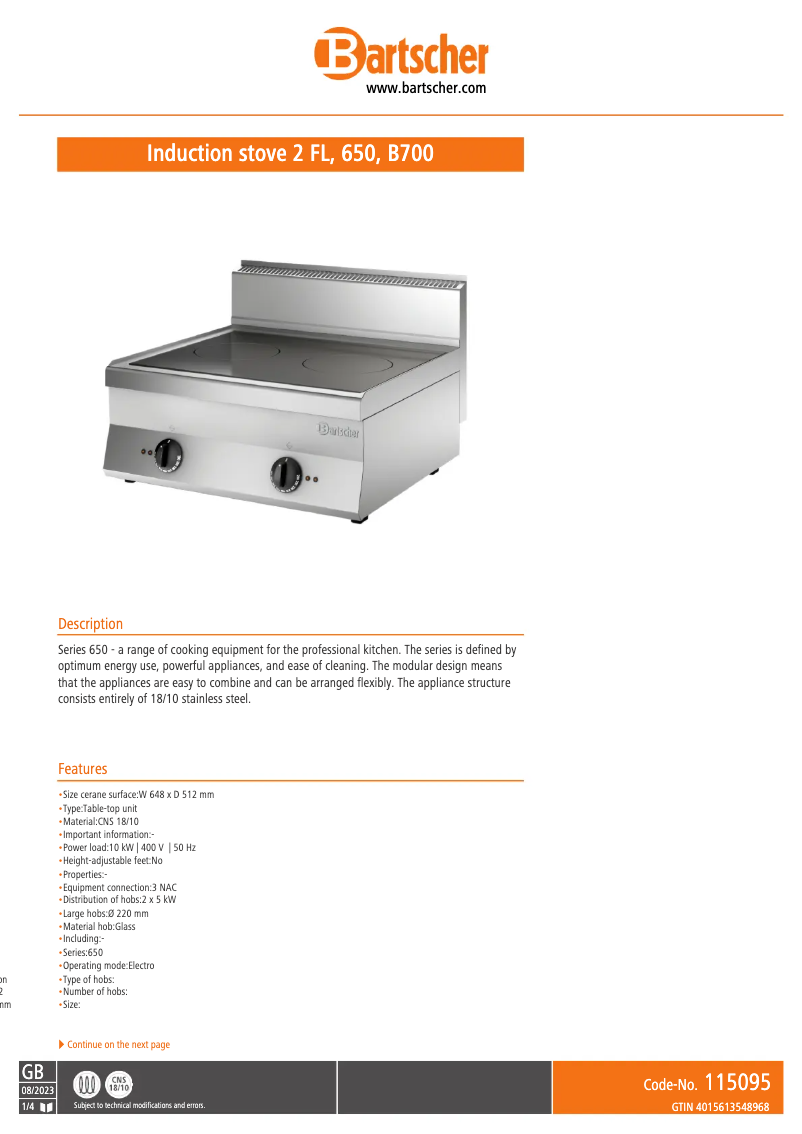 Page n°1 - Fiche technique Bartscher 115095