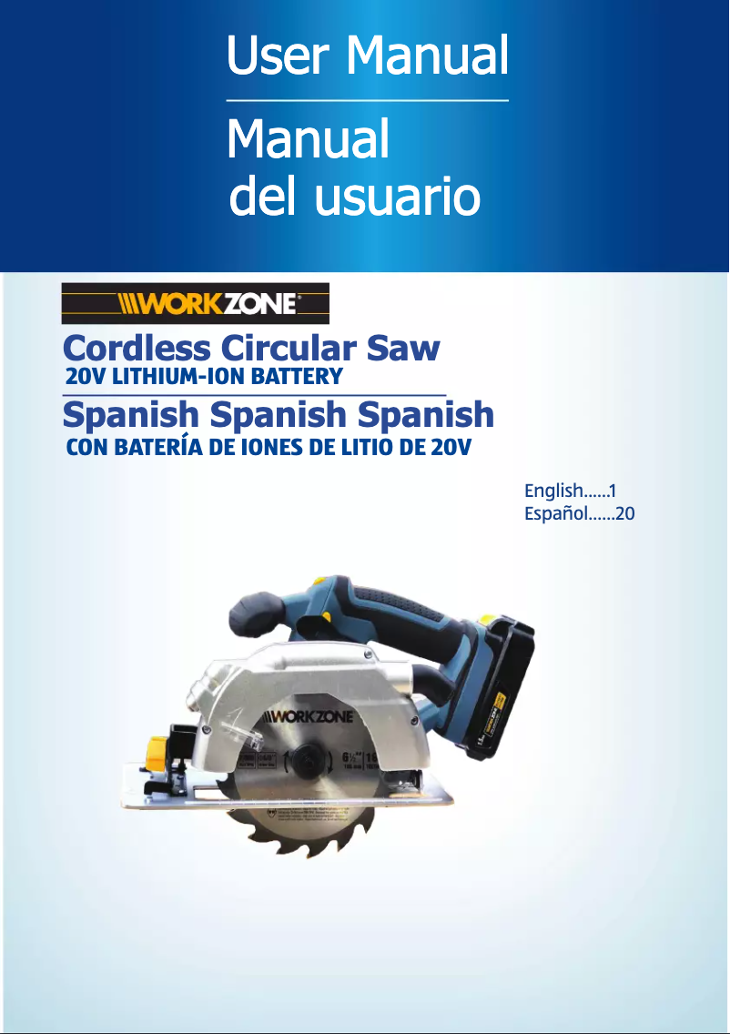 Page 1 de la notice Manuel utilisateur Workzone 20V Li-Ion Circular Saw PT106401