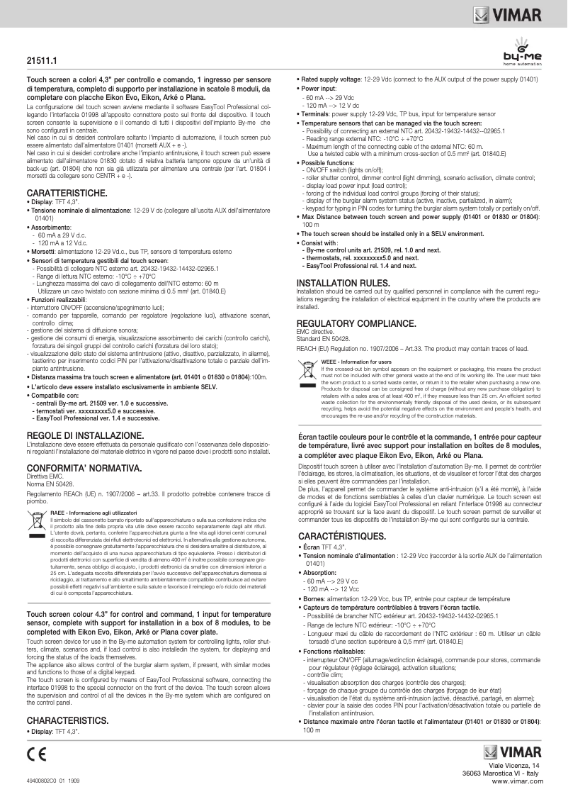 Page 1 de la notice Manuel utilisateur Vimar R21511.1.B