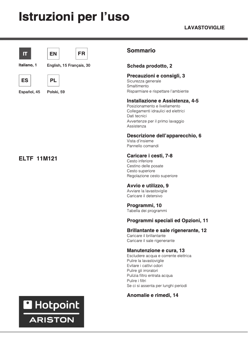 Page n°1 - Manuel utilisateur Hotpoint Ariston ELTF 11M121 C EU