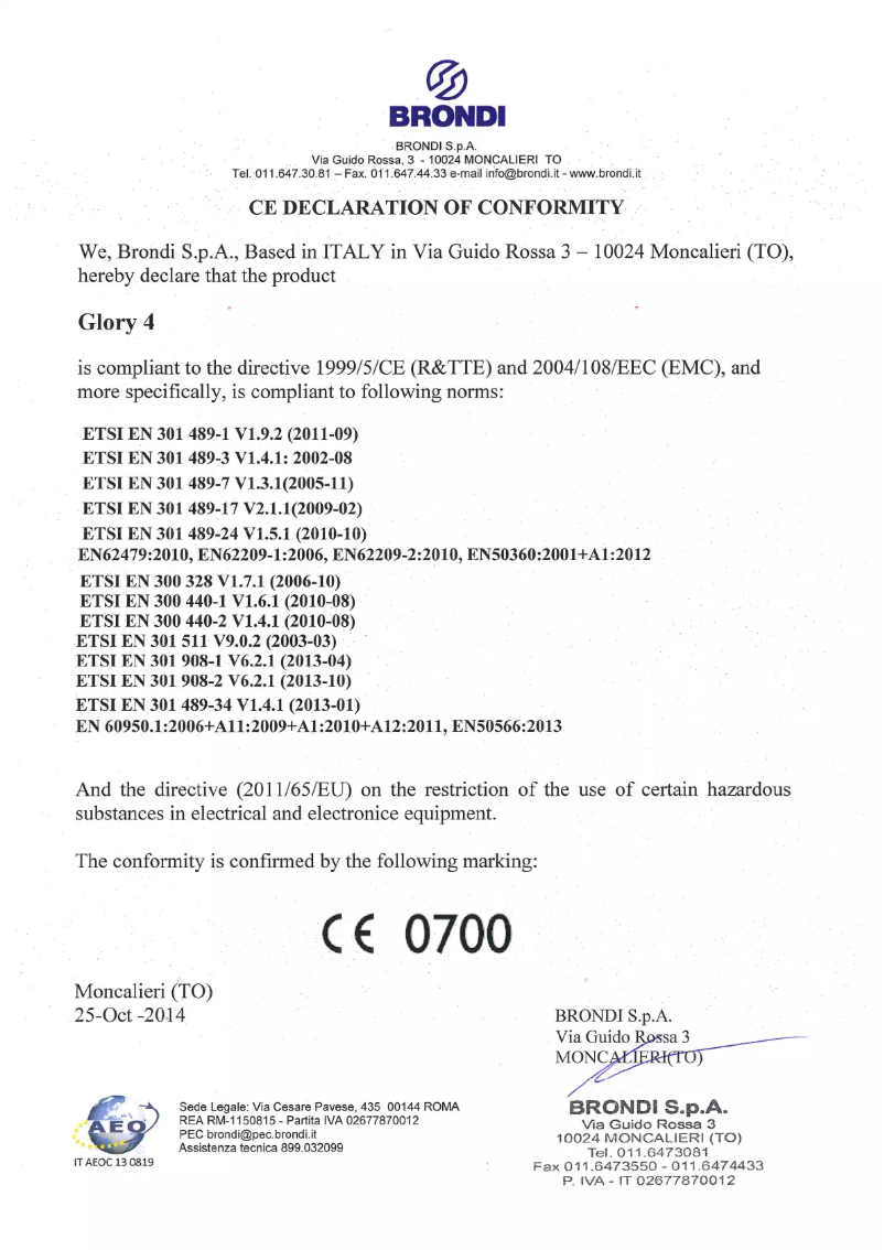 Page 1 de la notice Manuel utilisateur Brondi Glory 4